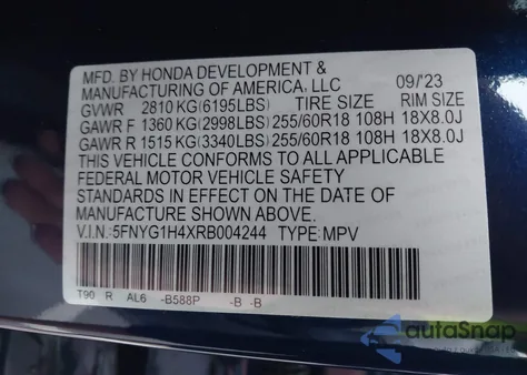 2024 Honda Pilot Ex-L из США, поврежденный, VIN 5FNYG1H4XRB004244